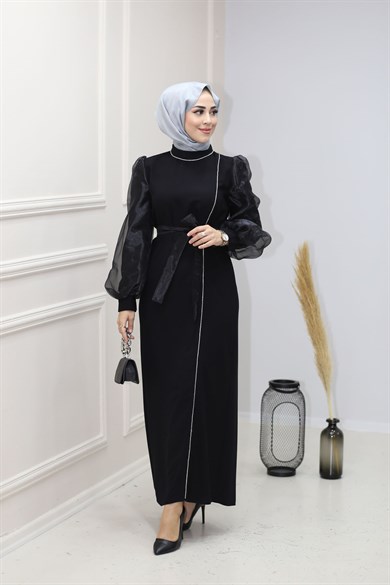 Taş İşlemeli Organze Elbise Siyah 5203