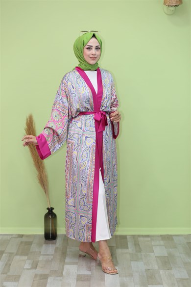 Etnik Saten Kimono Fuşya 4107
